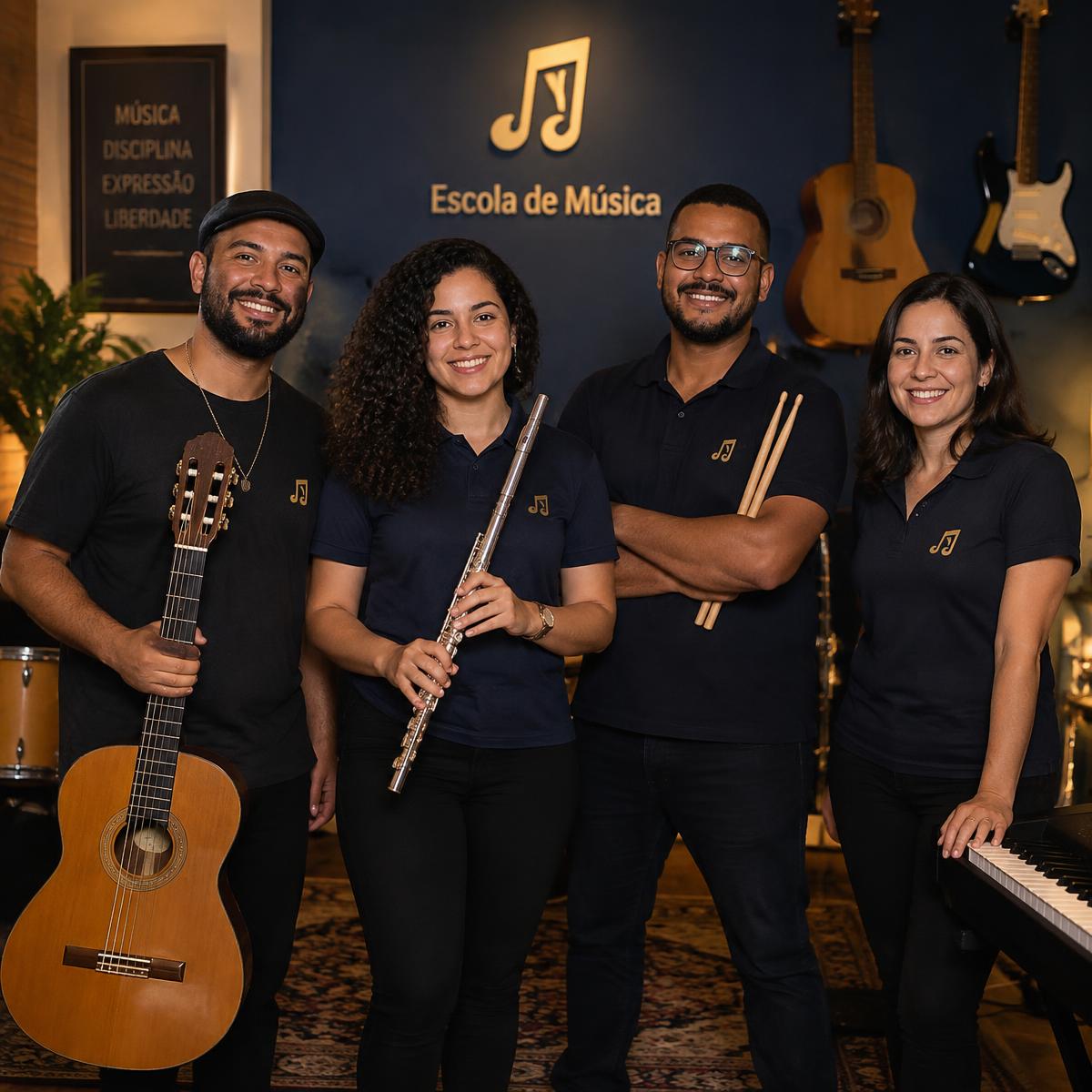 Equipe de professores do Acorde da Tijuca com seus instrumentos
